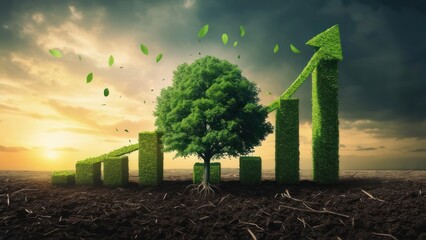 Lush green tree and growth chart on the earth