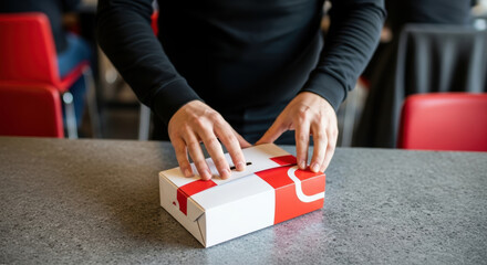 Person wrapping a gift box on a table in a room