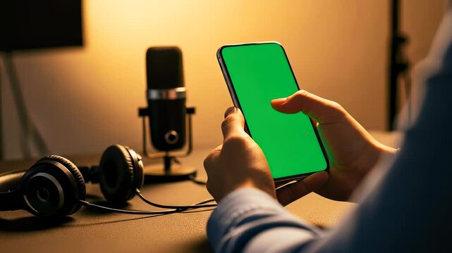 Person holding a smartphone with a green screen in a recording studio with a professional microphone and headphones in warm ambient lighting