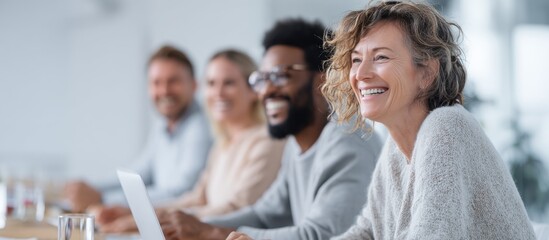 Fototapeta premium Diverse Business Team Collaborating and Smiling in Bright Office Meeting Room Natural Light