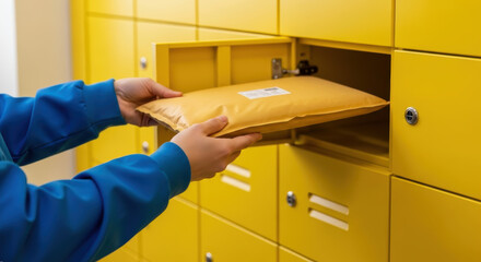 A person in a blue jacket is placing a package into a yellow mailbox compartment indoors.