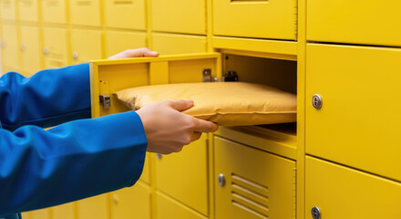 Person in blue shirt opening a yellow mailbox drawer to place a cardboard package inside a row of mailboxes