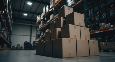A stack of cardboard boxes sits on the warehouse floor