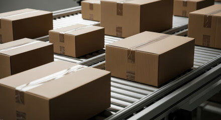 A hand reaches down from above to pick a cardboard box from a conveyor belt in a warehouse with industrial machinery and various packages