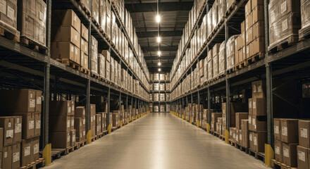 A large warehouse with rows of shelved cardboard boxes stacked high on both sides leading down a central aisle