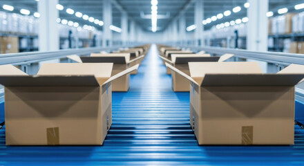 Aerial view of empty cardboard boxes moving on a blue conveyor belt in a large industrial warehouse facility