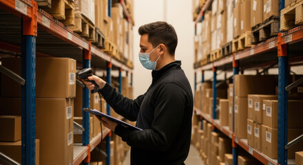 A worker in a warehouse scans a package on a shelf while wearing a mask