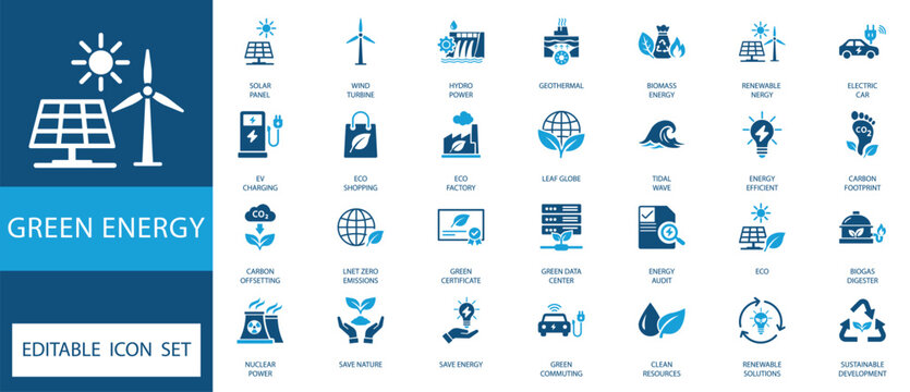 green energy and sustainability icon set. featuring solar, wind, hydro, and eco-friendly technology symbols in flat vector style for environment and renewable power projects. - Powered by Adobe