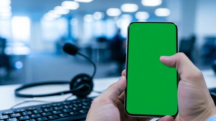 Close up of a hand holding a mobile phone with a green screen in a call center environment with a headset and keyboard in the foreground and blurred office - Powered by Adobe
