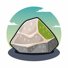 Cartoon rock with green moss, against a blue and green sky background.