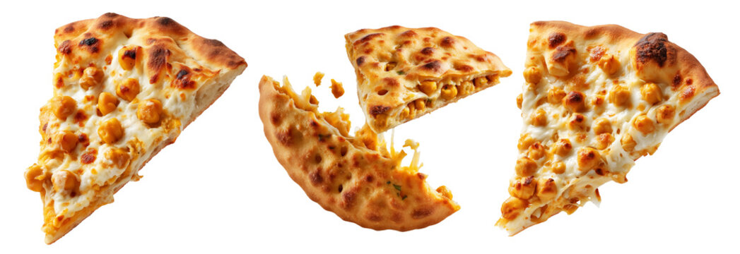 Chickpea flatbread with crispy golden brown texture and cut slices isolated on white background. Concept of Argentina Faina food