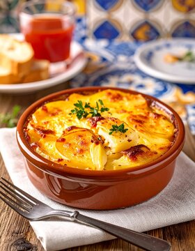 Hot Bacalhau com natas served in a rustic Portuguese setting with bread and drink