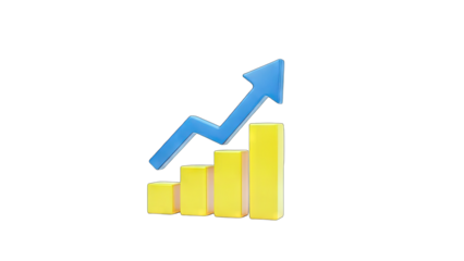3D Bar Chart with Upward Trending Arrow on transparent background