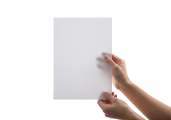 A person holding a blank white sheet of paper on transparent background