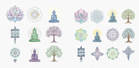 Set of various spiritual and religious symbols including Buddha, lotus, mandalas, and Bodhi trees in pastel colors.