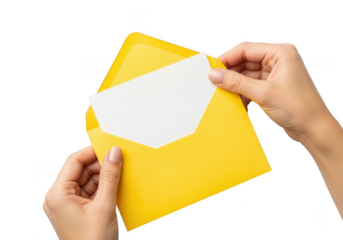 A person holding a yellow envelope with a white insert on transparent background