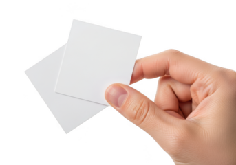 A hand holding blank white cards on transparent background