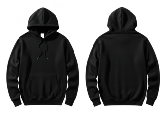 A black hoodie with a drawstring hood and kangaroo pocket on transparent background