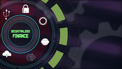 Decentralized finance concept with glowing green typography, digital hud interface, and various blockchain technology icons on a dark futuristic background.
