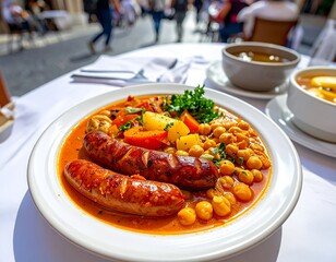 Enjoying Cozido &agrave; Portuguesa at an outdoor cafe in Portugal with vibrant city life in the background
