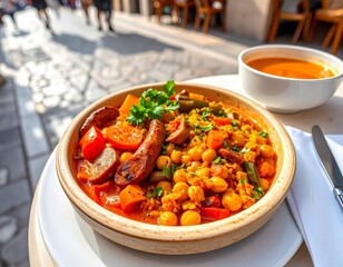 Cozido &agrave; portuguesa served at an outdoor cafe table in Portugal featuring local ingredients and vibrant colors