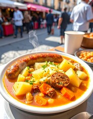 Cozido &agrave; portuguesa served at a market eatery in Portugal with fresh ingredients and lively atmosphere
