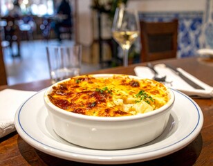 Bacalhau com natas served in a traditional cafe in Portugal with white wine on the table