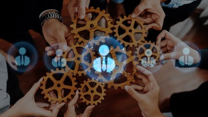 A visually striking representation of teamwork, showcasing hands working together with gears,...