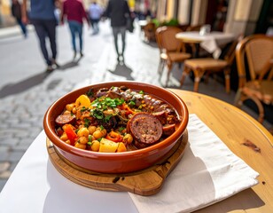 Enjoying Cozido &agrave; Portuguesa at an outdoor caf&eacute; table in a lively street