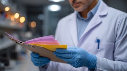 Focused scientist in lab coat and blue gloves examines colorful documents on clipboard