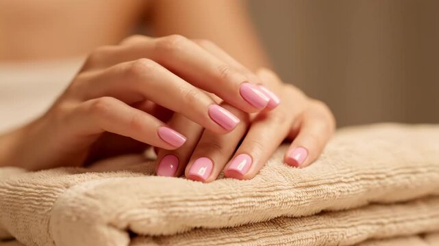 A close-up shot of a pair of hands with pink nail polish resting on a soft towel