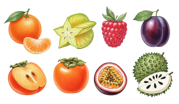 Realistic watercolor fruit vector set with whole and sliced fruits isolated on white background