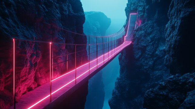 A breathtaking neon-lit bridge connects two rocky cliffs amidst a misty canyon. A journey through futuristic landscapes awaits. Explore the wonders of this world. Generative AI