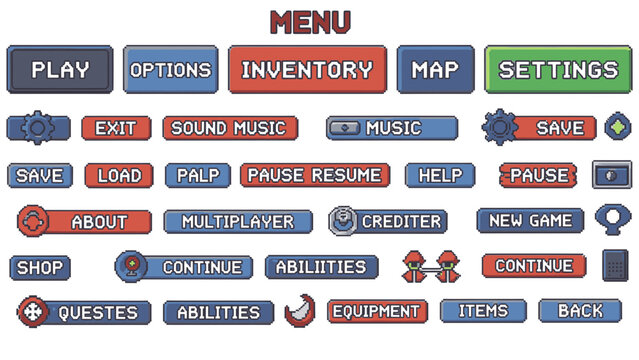 Collection of pixelated game menu buttons for user interface design.