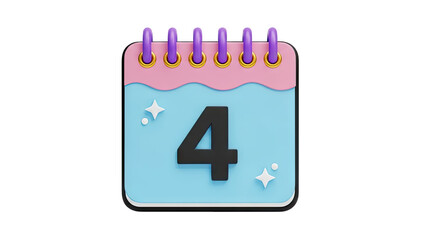 3D Cute calendar icon with the number 4 on transparent background