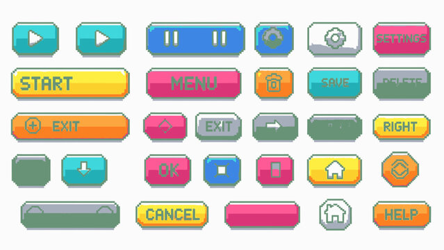 Collection of pixel art buttons for game interface design, including play, pause, start, menu, exit, and help options.