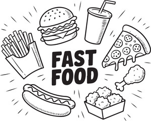 Fast food doodle set with burger fries pizza hot dog chicken and soda drink icons for restaurant menu and snack cafe advertising