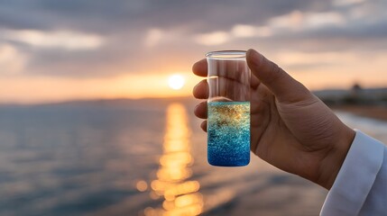 Scientist holding a test tube with samples against a sunset over the ocean