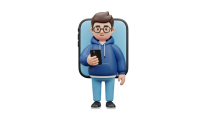 3D Cartoon Boy with Glasses Holding a Smartphone on transparent background