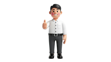 3D Cartoon man in white shirt and grey pants giving thumbs up on transparent background