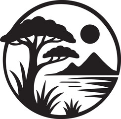 African savanna landscape silhouette in a circular emblem with tree, water, mountain and sun.