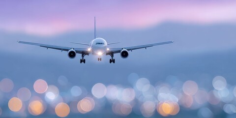 an airplane landing at an airport with city lights in the background.
