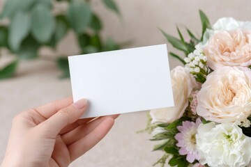 closeup of a woman hand holding a blank white business card, mockup. a beautiful bouquet of flowers is in the background