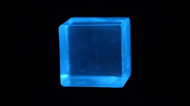 Glowing blue cube against a black backdrop. The translucent structure captures attention