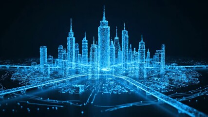 A futuristic digital cityscape, rendered in bright blue, with skyscrapers and roads. It's a conceptual art piece - Powered by Adobe