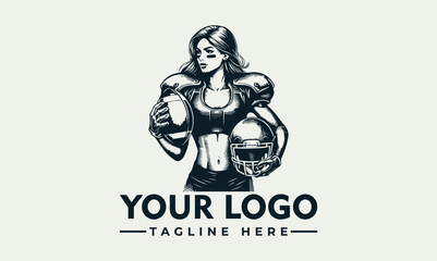 Vector illustration of a woman wearing a sports bra and shoulder pads, holding a rugby ball and making a fist, with a logo and tagline on a clean background, conveying a strong and sporty