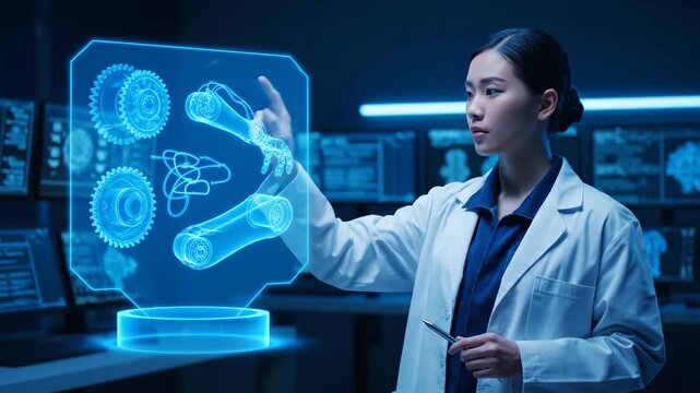 A scientist in a lab coat examines a transparent holographic display with technical diagrams
