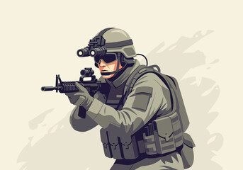 Fototapeta premium Soldier in tactical gear aiming a rifle with night vision goggles.