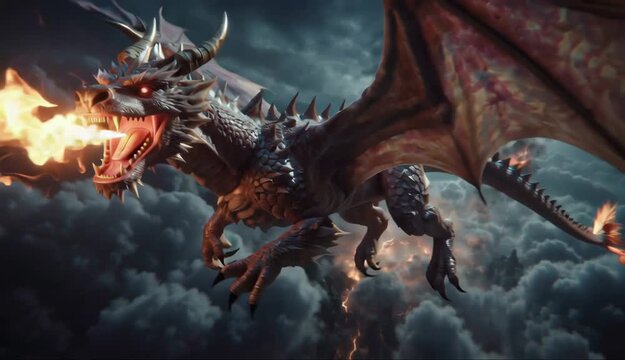Majestic Dragon Soaring Through Stormy Skies - A Fantasy Adventure.
