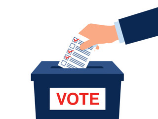 Person casting vote in ballot box with check marks on ballot paper